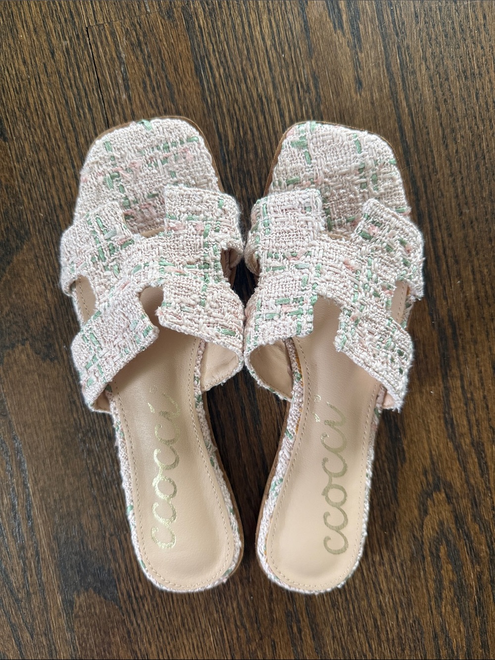 Blush Tweed Slip-On sandals with Green Accents